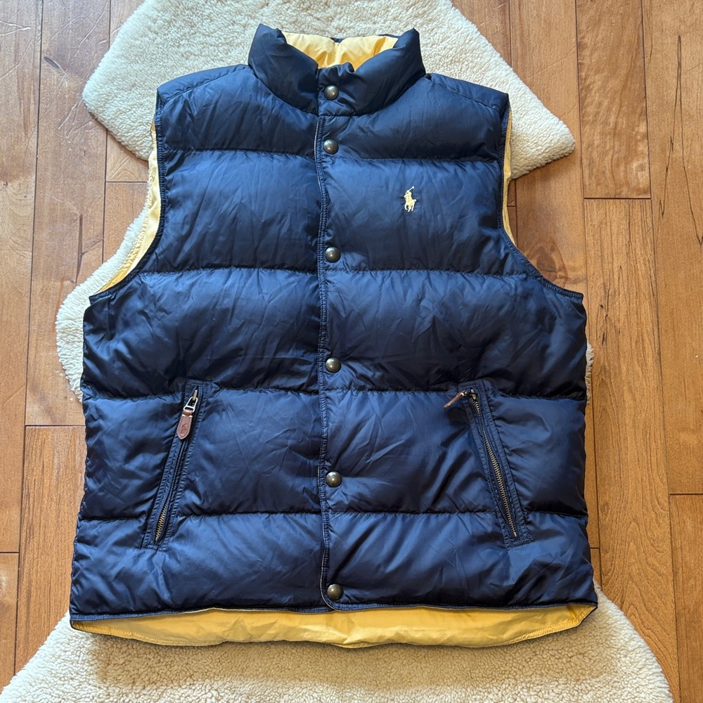 Polo Ralph Lauren down puffer vest, reversible, navy/pale yellow, Men’s L